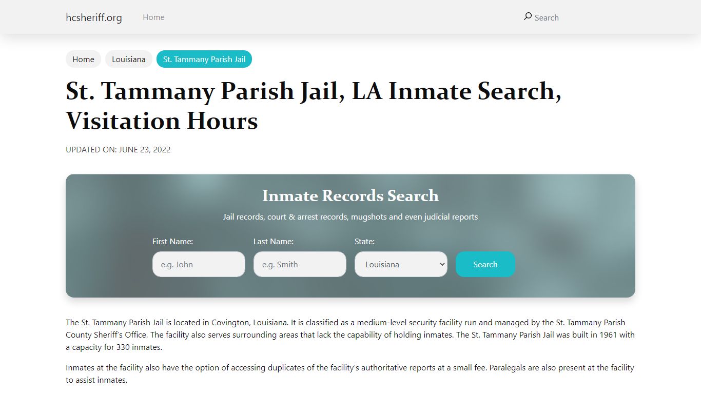 St. Tammany Parish Jail, LA Inmate Search, Visitation Hours